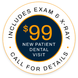 Circular ad for a dental clinic offers a new patient visit for $99. It includes an exam and X-ray.