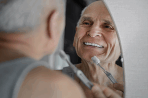 Man smiling while brushing his teeth in bathroom mirror